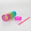 450ml Fashion Gradient Tumblers Straight Cup Skinny Double Plastic Straw Cups with Cover 4 Style T500722