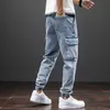 Wiosna Lato Czarne Niebieskie Dżinsy Mężczyźni Streetwear Multi-kieszenie Spodnie Cargo Joggers Spodnie Jean Plus Size 6XL 7XL 8XL 210716