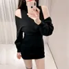 Elastische zweiteilige Klage Strickkleider Unregelmäßigen Langarm Stehenhals Slim Fit Sexy Gestrickt Pullover Kleid 814i 210420