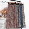 Tigena vår vintage leopard chiffong kjol kvinnor mode tryck fodrad en linje elastisk hög midja pläterad lång kvinna 210619