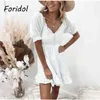 Foridol Casual Breve Abito estivo bianco Donna Vintage Ruffled Boho Beach Dress Manica corta A-line Mini Vestido Feminino 210415