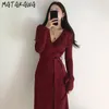 MATAKAWA Solid Long-sleeved Knitted Dress Korean Chic V-neck Femme Robe Cross-slim-fit Tie Waist Women Dresses 210513