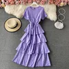 Sommer Chiffon Rüschen Vintage Kleid für Damen Süße elegante Kuchen Kurzarm Feste Hohe Taille Lange Vestidos 210420