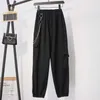 Mujer Pantalones Women Elastic Strap with Chain Harem Pants Black High Waist Zipper Casual Cargo for 10652 210518