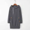 Long Hoodie Moletom sólido Bolso Cordão Túnica Mulheres Vestido Drawstring Manga Longa Zipper Casual Wear Spring e Outono 211206