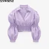 Violett V-nacke Plaid Women Blouse T Shirts Eleganta Front Knappar Slim Waist Ruffles Kvinna Blusas 210520