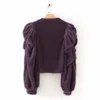 women fashion pleats puff sleeve wool spinning sweater ladies basic knitted casual slim high street sweaters chic tops S225 210420