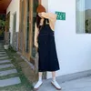 Korean Studen Loose Dark Blue Jean Kleid Vintage Preppy Style Verstellbarer Riemen Tasche Seitenschnalle Denim Hosenträger Overalls 210604