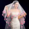 Or ruban bleu Royal voile de mariée une couche dentelle rose pétale doux Tulle mariée mantille accessoires de mariage voile Floral X0726
