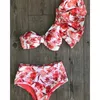 Une épaule Bikini Set Sexy Ruffle Maillots de bain Femmes Maillot de bain Taille haute Maillot de bain Beachwear Rouge Imprimer Biquini Femme 210702