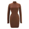 Sexig Turtleneck Backless Bodycon Klänning Kvinnor Hösten Hollow Out Långärmade Paket Höft Stickad Mini Kvinna Party ES 210526