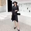 Elegant Irregular Pleated Office Notched Blazer Women Solid 3/4 Sleeve Buckle Button Chic Dress Autumn Spring Trend 210416