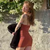 Hugcitar 2021 Katı Saten Kadınlar Kayış Mini Elbise Dantelli Dantel Yukarı Backless Bodycon Seksi Parti Zarif Kulübü Tatil Ince Y2K Robe Y1204