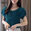 Koreaanse gerimpelde ruche vrouwen tops mode korte mouw blouse vrouwelijke zomer slash nek chiffon blouse 4636 50 210521
