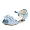 3-13 år Fashion Crystal Bow Princess High Heels Skor för Tjej Strand Barn Läder Sandaler Kids Summer Sequins