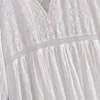 Women Elegant Pure White Hollow Out Cotton Mini Dress High Waist Dot Embroidery V-neck Long Sleeve Summer Dress Femme Vestidos 210521