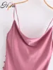Woman Dress Satin Sleeveless Spaghetti Strap Straight Solid Shiny Sundress Sexy Imitation Silk Pink Split Vestidos 210430