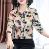 Office Lady Long-Sleeve Floral Button Cardigan Women Blouse Printed Satin Silk Tops för Plus Size Ladies Shirt 10723 210518