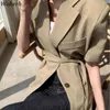 夏の半袖スーツのコート韓国の緩いカーディガンジャケットカジュアルな包帯スリムウエストノッチカラーブレザー女性210519