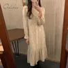 Jesień eleganckie kobiety Maxi Mermaid Rękaw White Lace Szydełkowy Vintage Długie Czarna Aksamitna Dress Dress 210415