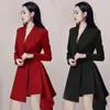 Wiosna Sexy Długie Rękawy Elegancki Blazer Notched Kurtki Kobiety Czerwony Office Mini Nieregularne Bodycon Sukienka Odzieży Outerwear z pasem 210514