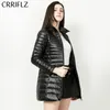 CRRIFLZ Herbst Lange Daunenmantel Frauen Plus Größe 7XL Ultraleichte Warme Hoodie Jacke Vintage Schwarz Stehkragen Ente 210520