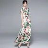 Женщина шифон длинное платье роза цветочные накладки печатает женское лето старинные столовые рукава тонкие плиссированные платья длиной 210514