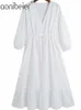 Broderi ihålig ut sommaren 3/4 ärm v nacke kvinnor Casual Midi Dress Drawstring High Waist Kvinna Ruffles 210604