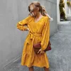 Autumn Dresses Women Elegant V-neck Casual A-Line Midi Dress Vintage Red Yellow Striped Sashes Lace-up Femme Robe Veatidos 210517
