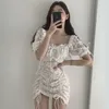 Sexig Lace Gook Dress Women's Summer Square Neck Slim Tunna Kortärmad Draw Straving Mini Dresses Kvinna 5c895 210427