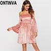 Mulher Horizontal Neck Strapless Tube Top Sutiã Vestido Bell Manga Longo Veludo Rosa Autumn Velão Elastic Es 210527