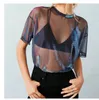 Women T-Shirt Summer Sexy Ladies Mesh Short Sleeve Round Neck Hollow Out Loose Transparent Tops See-through Swimwear Clothing 210522