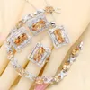 Champagne zirkonia zilveren kleur bruids sieraden sets voor vrouwen armband hoepel oorbellen ketting hanger ring geschenkdoos H1022