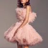 Veer roze prom jurken strapless off schouder ruches avondjurk op maat gemaakte mini mouwloze partij gewaad de Mariee