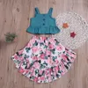 Retail sommar baby flicka 2st set sätter söta dot gröna toppar + floralskirt mode outfits barn kläder xm008 210610