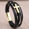 Bracelet à breloques en acier inoxydable en cuir à la mode pour hommes Corde tressée multicouche Fermoir magnétique croisé Bracelet punk Longueur 22 cm avec un sac en velours