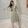 Comelsexy Herbst Frauen Kleine Duft Farbe Kontrast Revers Perle Mesh Nähte Strickkleid Süße Dünnes Kleid Vestidos 210515