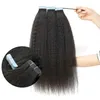 Kinky Straight Tape In Hair Extensions Malaysian Remy Hairs Skin Weft 40pcs Natural Color For Women Can Be Dyed