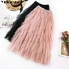 elegant ruffless lace boho beach high waist Women's skirts woman womens jupe femme 3 layers long maxi pleated tulle skirt 210608