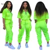 Neon Solid Sportwear Femmes Deux Pièces Tenues À Manches Courtes Zip Veste Top + Pantalon En Maille Streetwear Survêtement Femmes Ensembles Assortis 210709