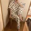 Pajama Set Women Heart-printed Turn-down Collars Short Sleeve Cute Japanese Style 2 Piece Summer Ladies Sleepwear Loose Student X0526