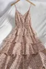 Sommar Chfion Vinatge Beach Waist Dress Layered Ruffled Sweet Cake Boho Lång för Kvinnor Koreanska Floral Print 210420