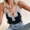 Dentelle Patchwork Sexy Crop Tops Femmes Col V Noir Summer Camis Top Y2K 90s Mode Spaghetti Strap Split Tees Dames Tout-assorti 210517