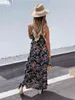 Kobiety Szyfonowy Floral Print Długi Pasek Halter Backless Sexy Beach Streetwear Ladies Bez Rękawów Patchwork Boho Dress Vestido 210520