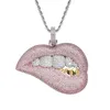 Tone Color Micro Pave Pink Cubic Zirconia Druppel Lip Hanger Ketting Iced Out Bling 5mm CZ Tennis Ketting voor Vrouwen HipHop Sieraden Kettingen