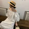 Femmes blanc ruban nœud volants longue robe Slash cou demi manches bouffantes lâche mode marée printemps été 2F0296 210421