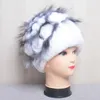 Зимняя шапка женщины REX кролика мех теплый вязаная рука сшитая цветочная лиса элегантные стильные дамы холодная пушистая крышка натуральный