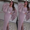 2021 Sexy Side Split Prom Dresses Mermaid Saudyjska Arabia Poet Długie Rękawy V Neck Kaftan Dubaj Kryształ Koraliki Suknia Wieczorowa Formalna Party Suknie Custom Made Dusty Różowy