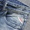 Mäns jeans italiensk stil mode män retro ljusgrå blå elastisk bomull slim rippad vintage designer knappar denim byxor