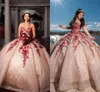 Pretty Rose Gold And Red Lace Quince Dresses 2021 Sweetheart Lace-Up Corset Top Sparkly Sequins Applique Quinceanera Gowns 322